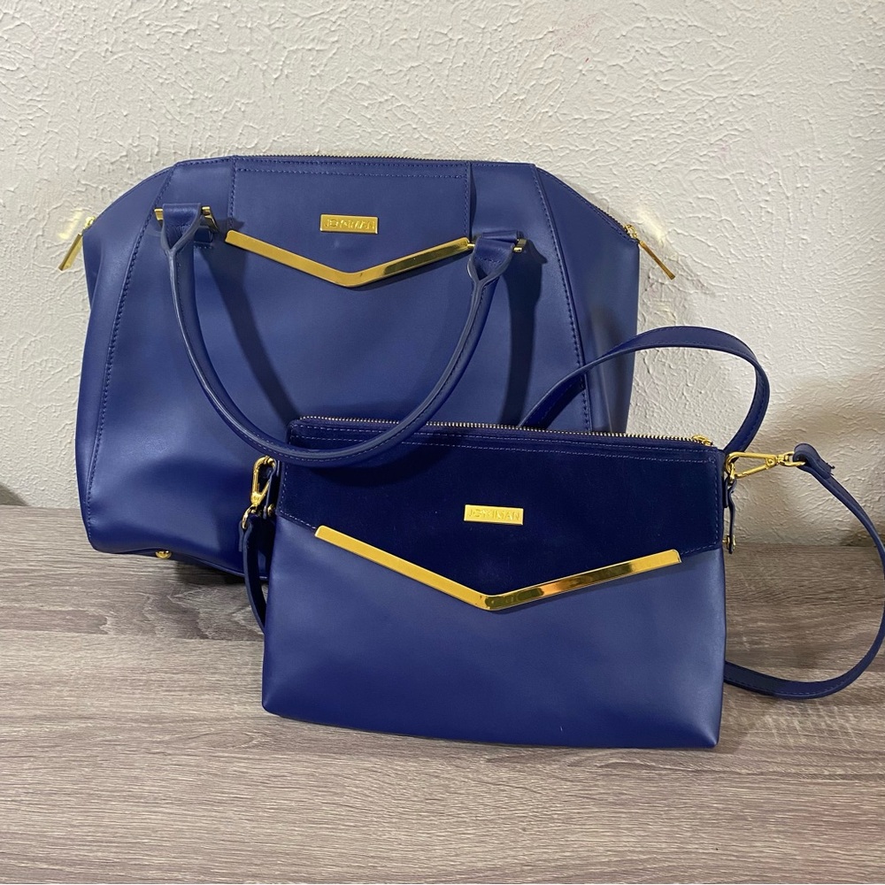JOY & IMAN Royal blue and gold leather satchel bag & shoulder bag